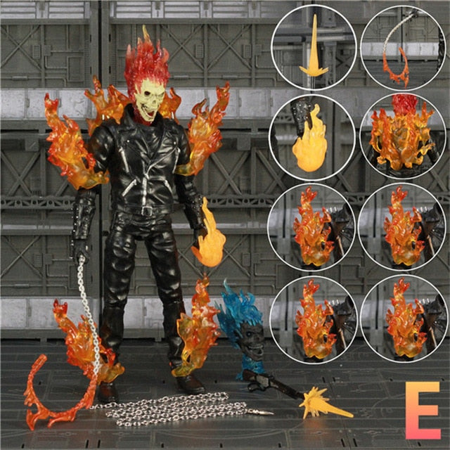Marvel Ghost Rider 8" Action Figure Johnny Blaze Legends With Fire Whip Ball Iron Chain Jacket Blue Head Doll Toys Collectible